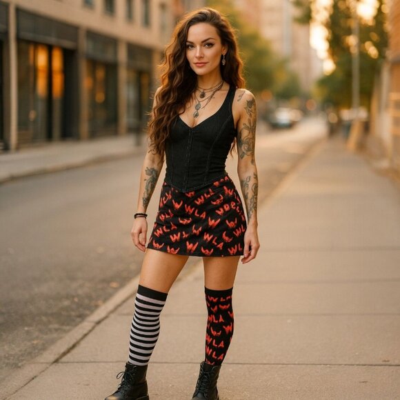 Devil Open Sides Mini Skirt W/ 666 Print & Adjustable Fit – W.I.A NWT L